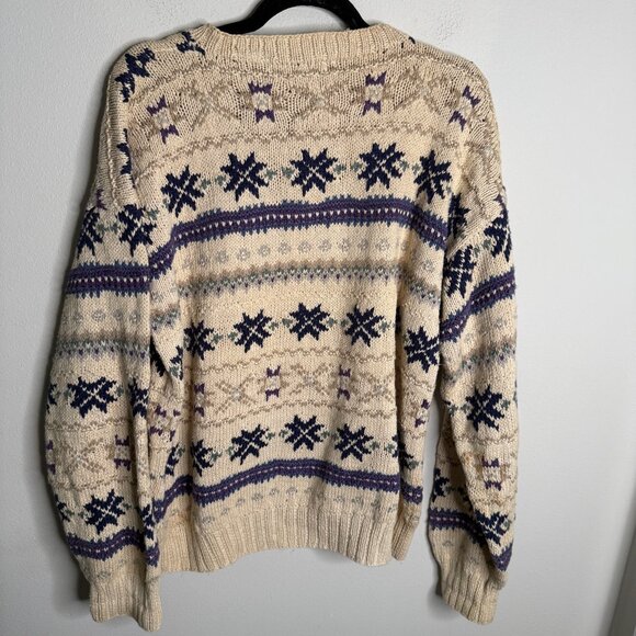 Northern Isles Women's Large Cream Blue Chunky Knit Crewneck Pullover Sweater - Picture 2 of 4